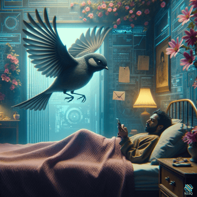Bird Flying Into Cyberpunk Bedroom