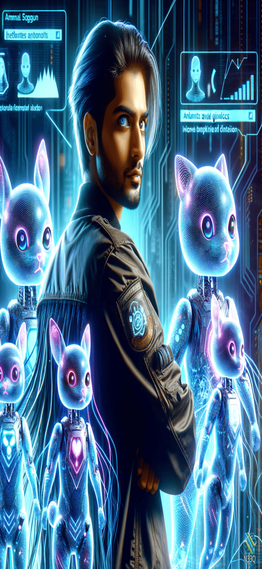 Man Surrounded by Neon Robotic Pets