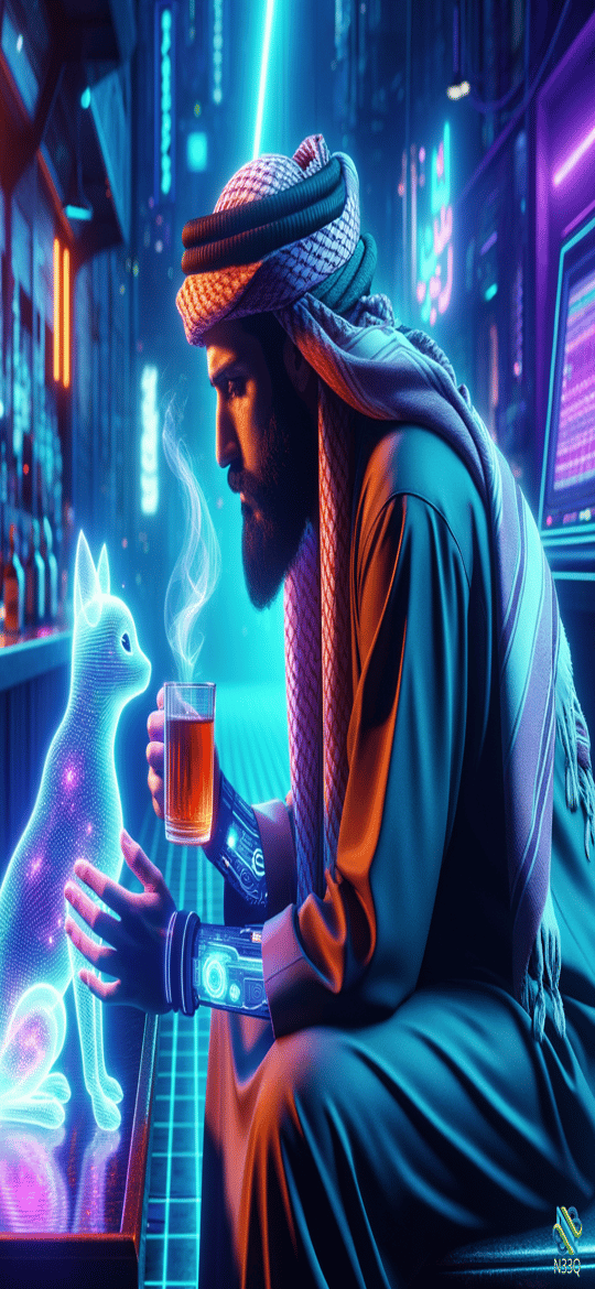Man and Holographic Cat in Neon Bar