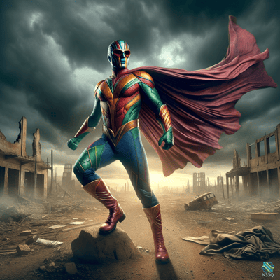 Superhero in Colorful Suit Amid City Ruins