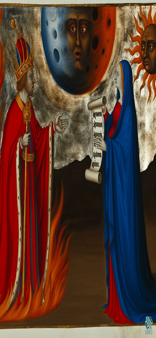 Crowned King and Scroll-Bearing Woman in Flames
