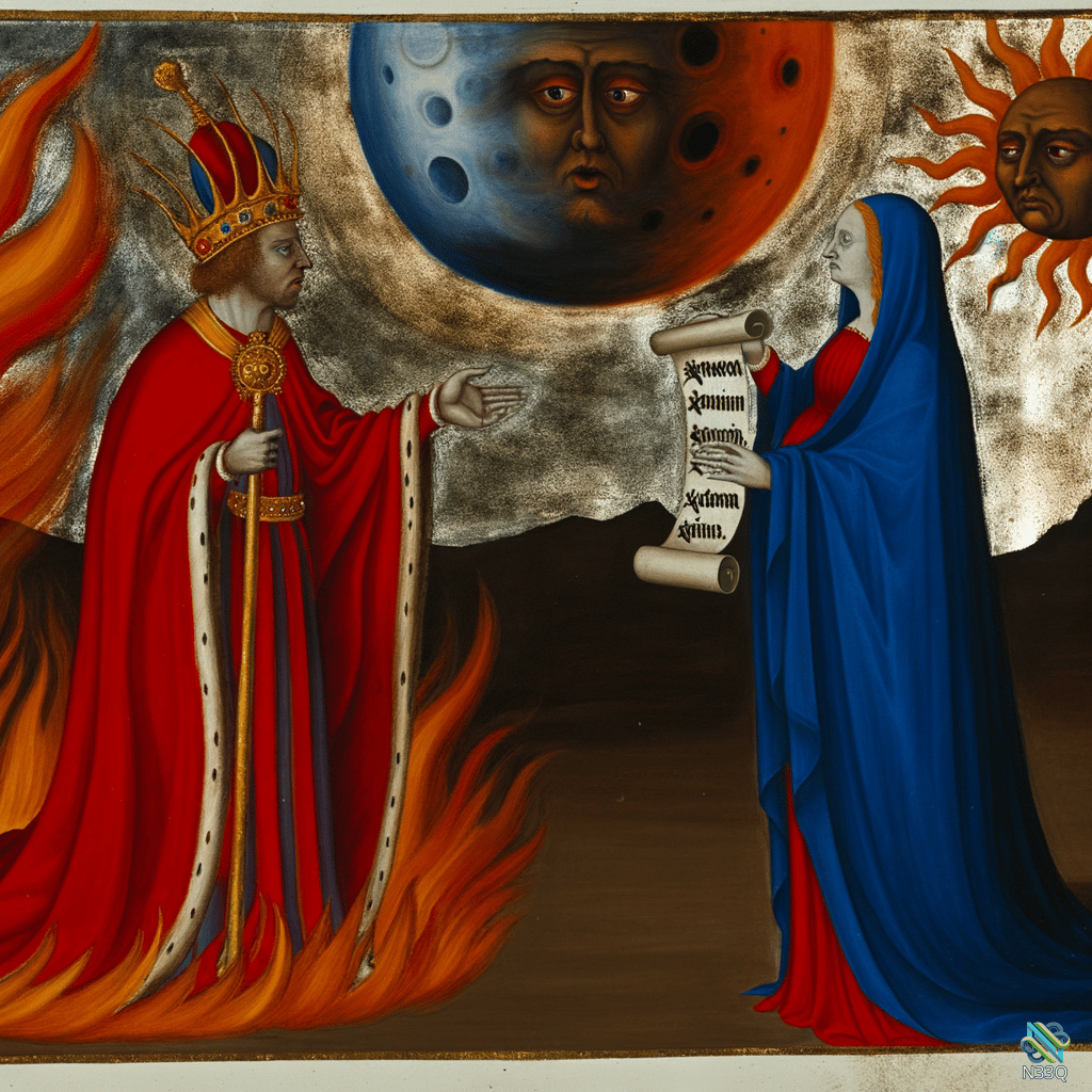 Crowned King and Scroll-Bearing Woman in Flames