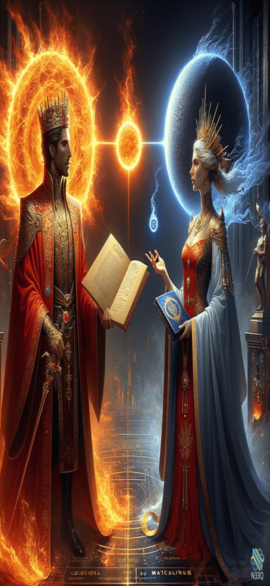Sun King Confronts Moon Queen with Tomes
