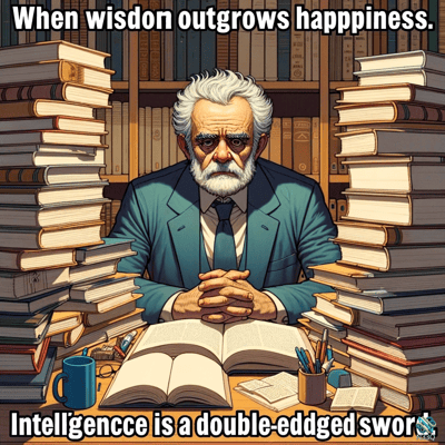 Elderly Scholar Surrounded by Book Stacks