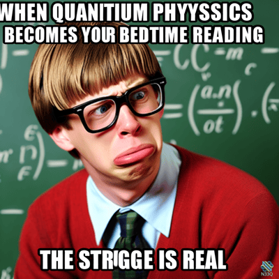 Boy Grimacing at Quantum Physics Chalkboard