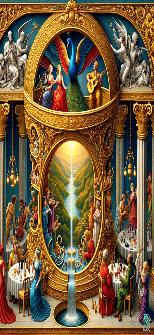 Peacock in Ornate Golden Arch with Musicians