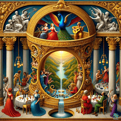 Peacock in Ornate Golden Arch with Musicians