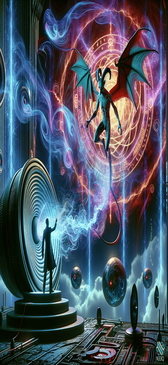 Sorcerer Summoning Winged Demon from Neon Portal