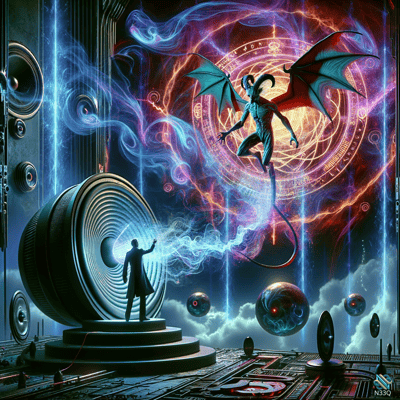 Sorcerer Summoning Winged Demon from Neon Portal