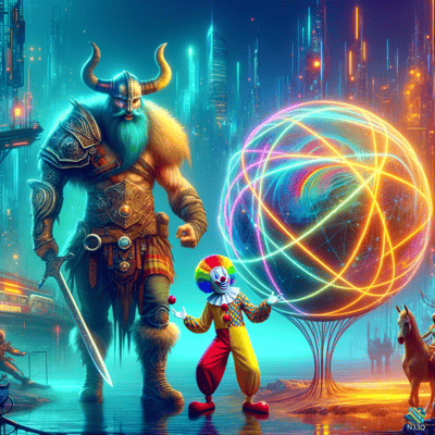 Viking Warrior and Clown with Neon Orb
