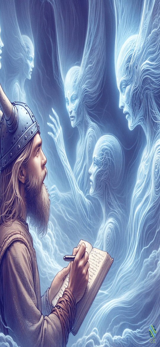 Viking Scribe Writing Amidst Glowing Spirits