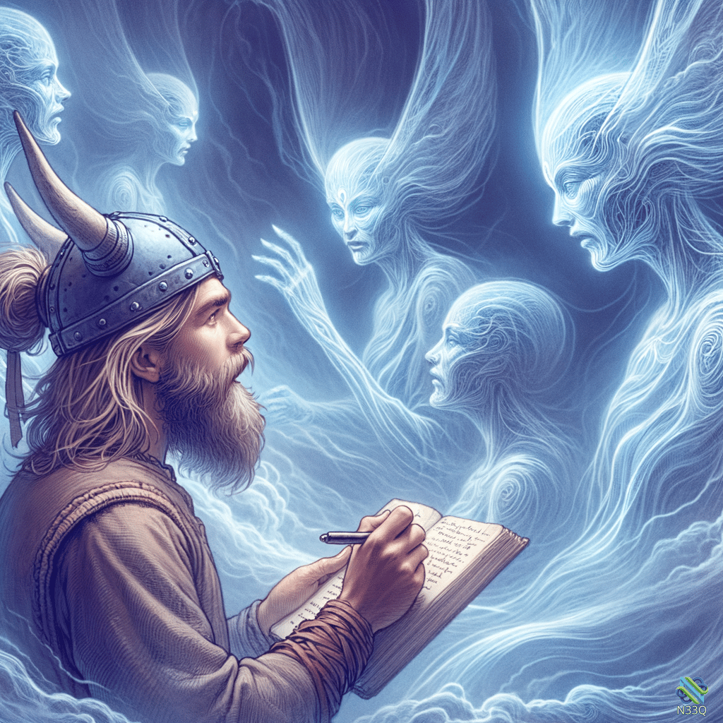 Viking Scribe Writing Amidst Glowing Spirits