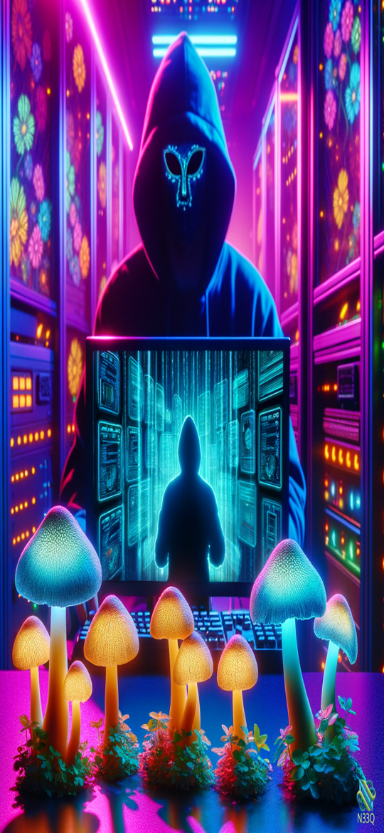 Hooded Figure with Glowing Mushrooms in Neon Server Room