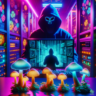 Hooded Figure with Glowing Mushrooms in Neon Server Room