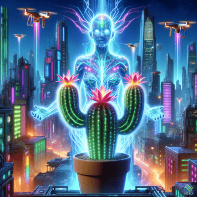 Neon Cactus Humanoid in Cyberpunk City