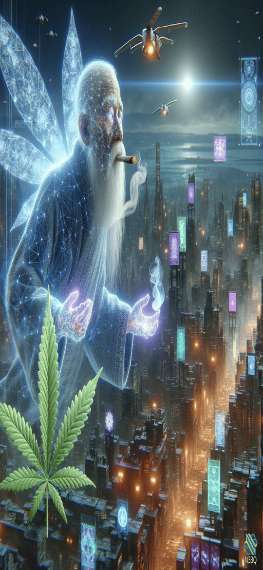 Cyberpunk Fairy Elder over Neon City