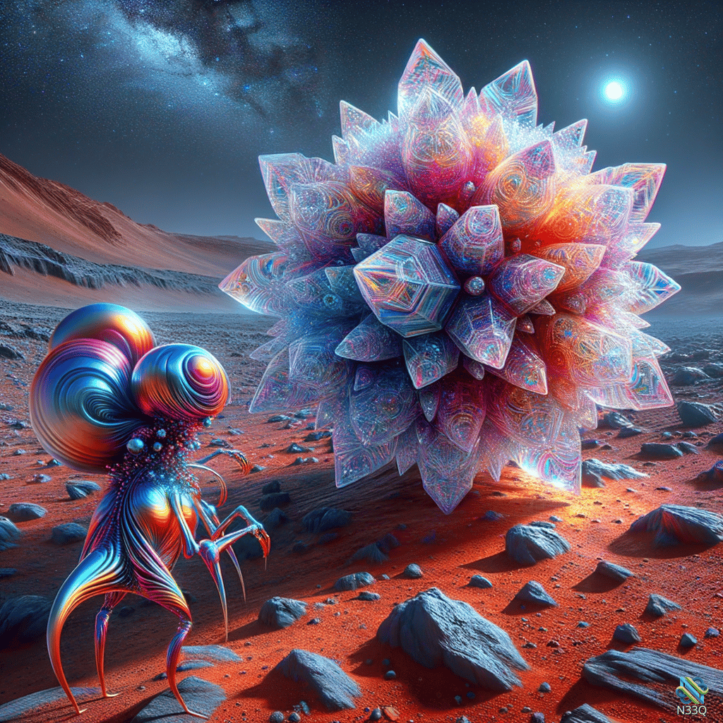Iridescent Snail Creature and Crystal Bloom on Red Desert
