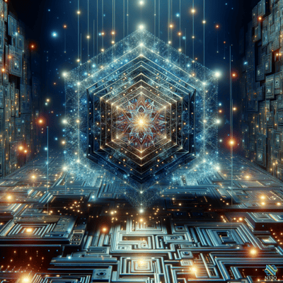 Glowing Hexagonal Mandala in Digital Corridor