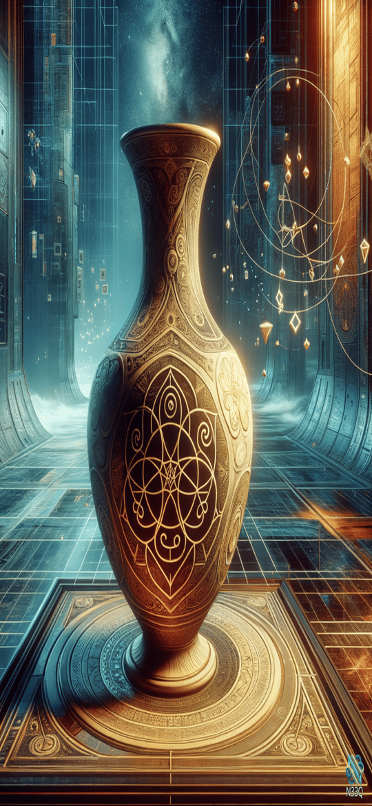 Ornate Golden Vase in Futuristic Corridor