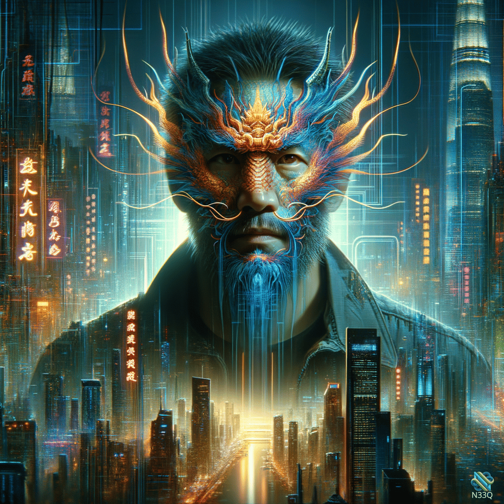 Dragon Mask Man in Neon Cyberpunk City