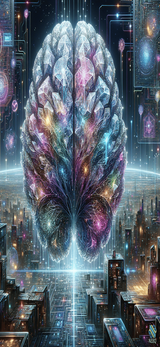 Crystalline Brain Over Futuristic City