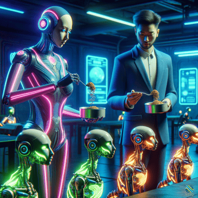 Cyborg and Man Feeding Small Robots