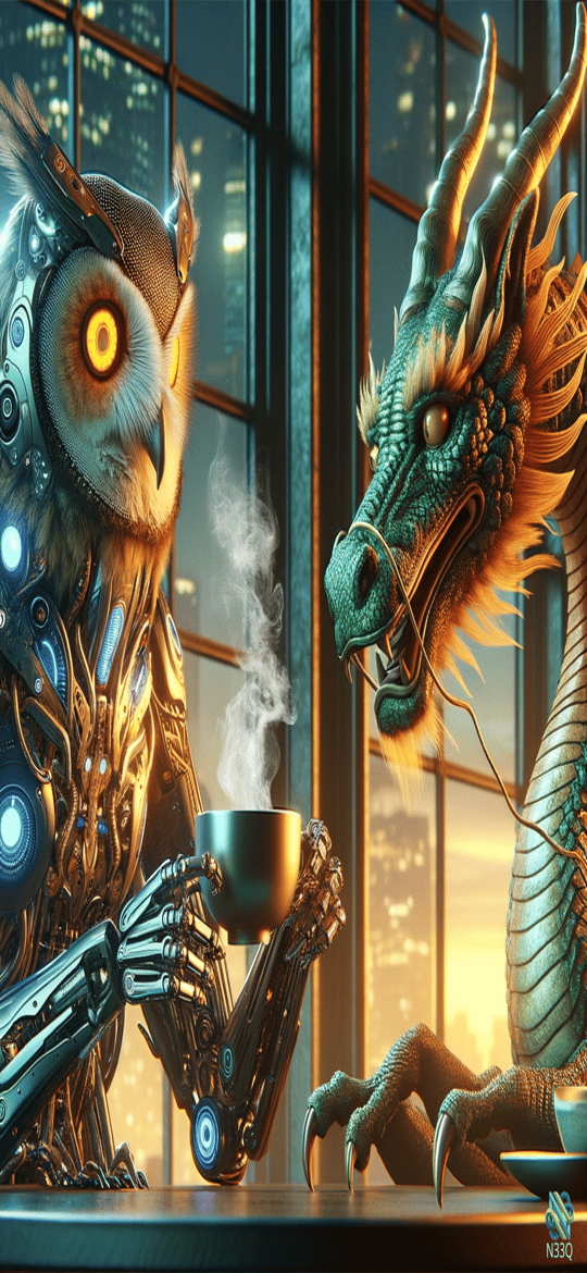 Cyborg Owl and Green Dragon Sharing Tea