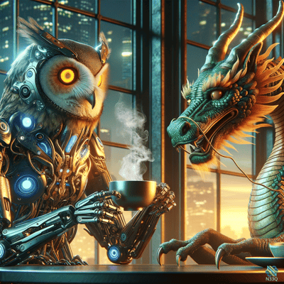 Cyborg Owl and Green Dragon Sharing Tea