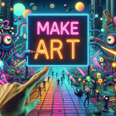 Neon Make Art Sign with Pointing Hand