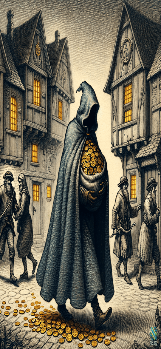 Hooded Figure Spilling Sack of Gold Coins