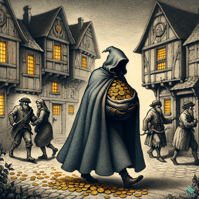 Hooded Figure Spilling Sack of Gold Coins