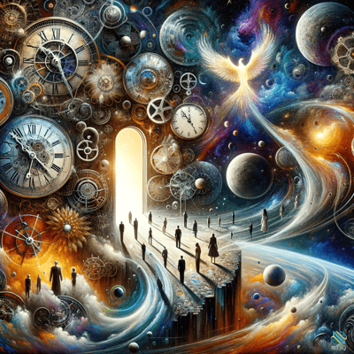 Figures Approaching Portal Among Floating Clocks and Phoenix