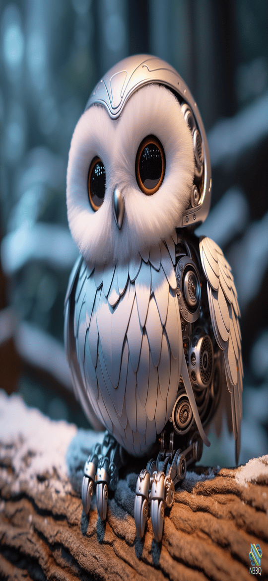 Robotic Owl Perched on Snowy Log