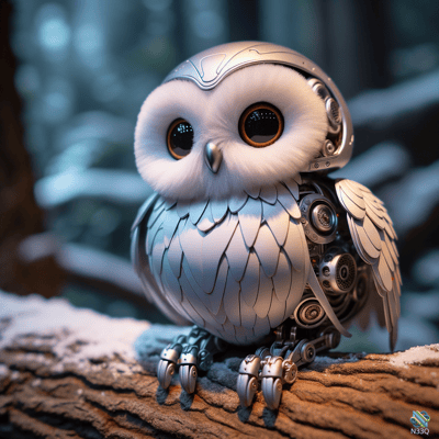Robotic Owl Perched on Snowy Log