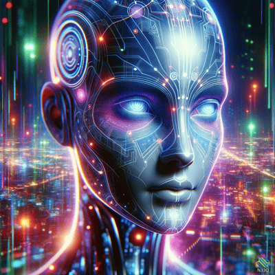 Neon Cybernetic Female Head in Futuristic City