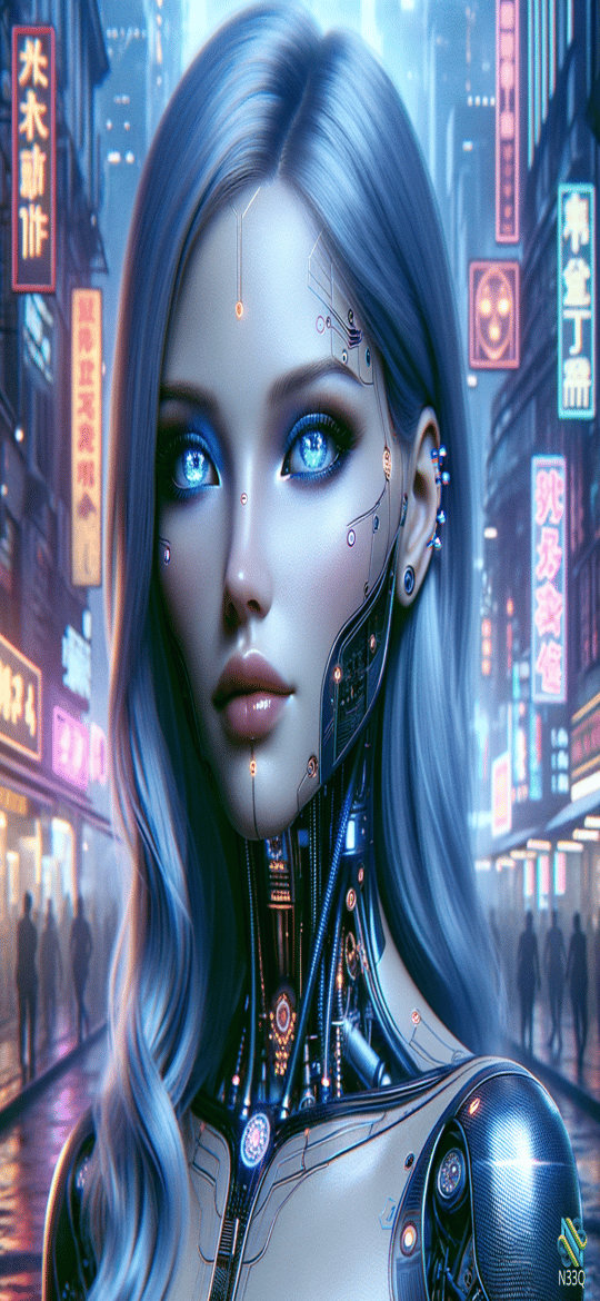 Cyborg Woman in Neon Cyberpunk Street