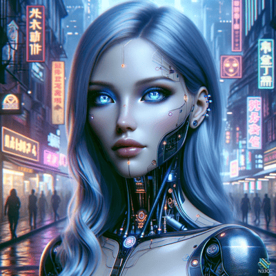 Cyborg Woman in Neon Cyberpunk Street