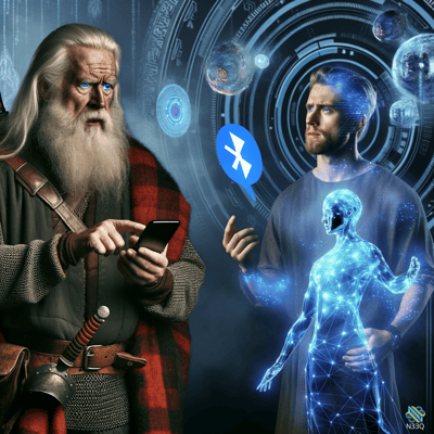 Elderly Warrior and Digital Hologram Encounter