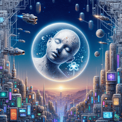 Serene Circuit Face in Orb Over Neon City