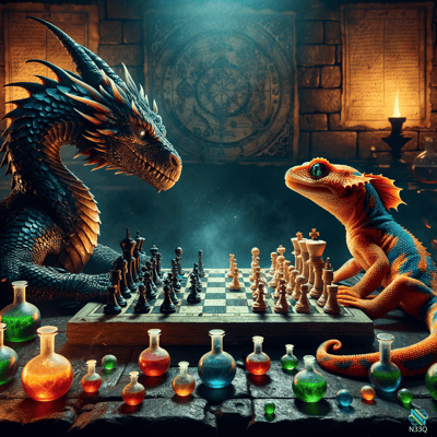 Dragon and Lizard Playing Chess
