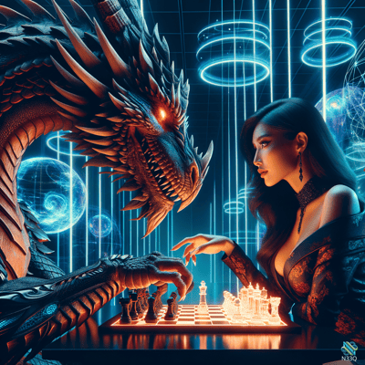 Woman and Dragon Playing Neon Chess