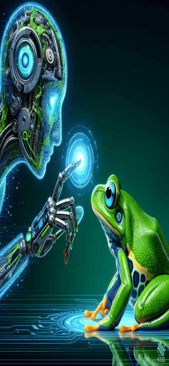 Cyborg Reaching Toward Green Frog