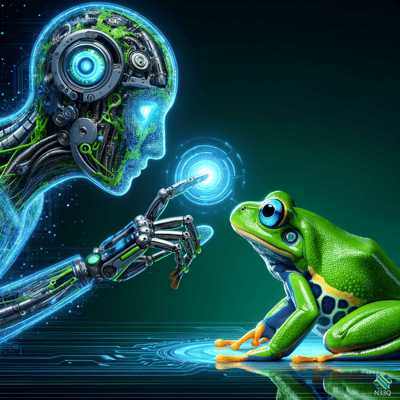 Cyborg Reaching Toward Green Frog
