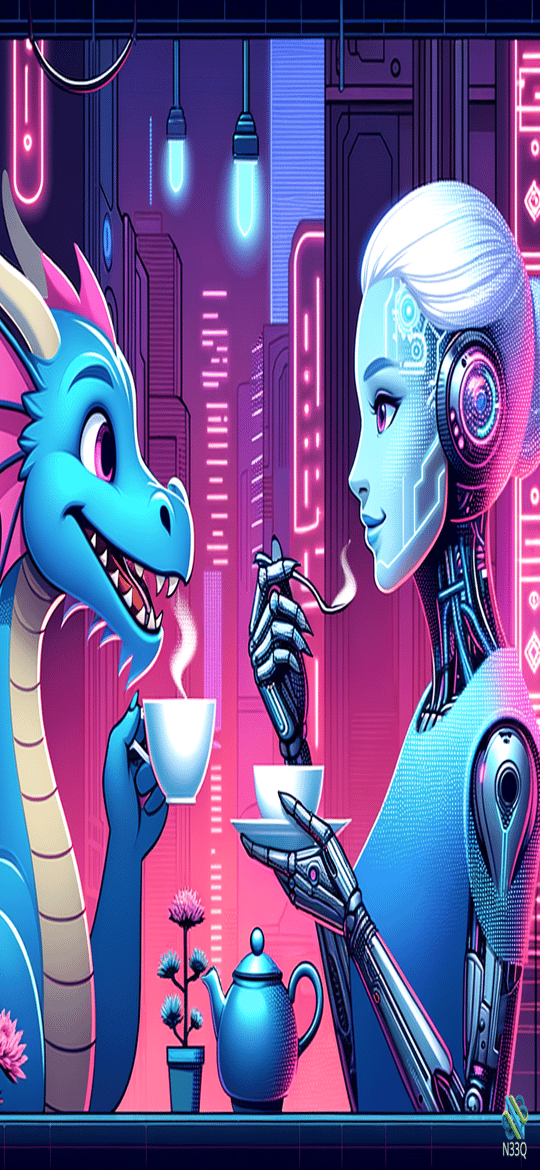 Blue Dragon and Cyborg Sharing Tea in Neon City