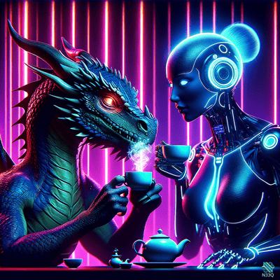 Neon Dragon and Cyborg Sharing Tea