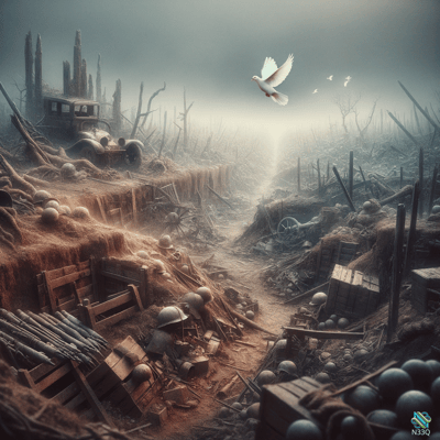 White Dove Over War-Torn Battlefield