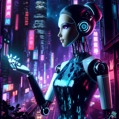 Cyborg Woman in Neon Cyberpunk City