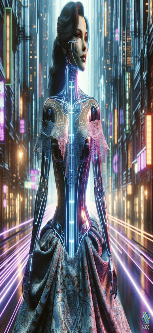 Cyborg Woman in Neon City Street