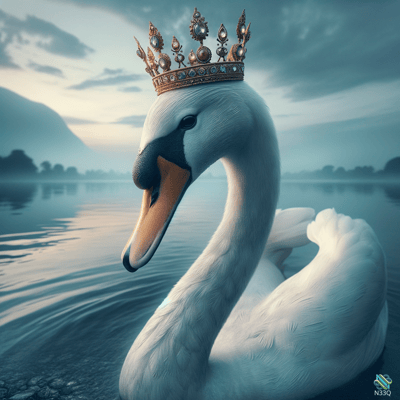 Crowned Swan on Misty Lake