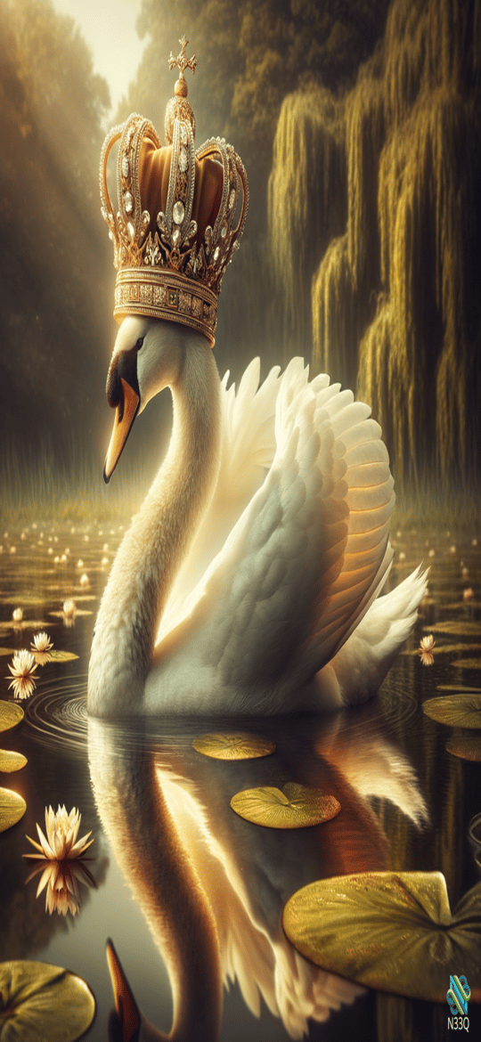 Crowned White Swan on Lily Pond